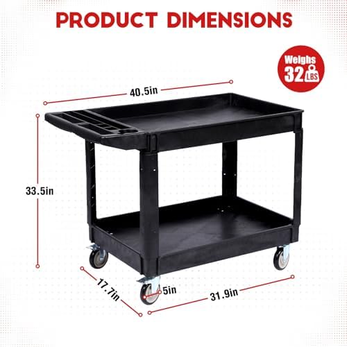 2-Shelf Heavy Duty PP Service Cart Rolling Utility Cart,360° Swivel Wheels, alternate view 2
