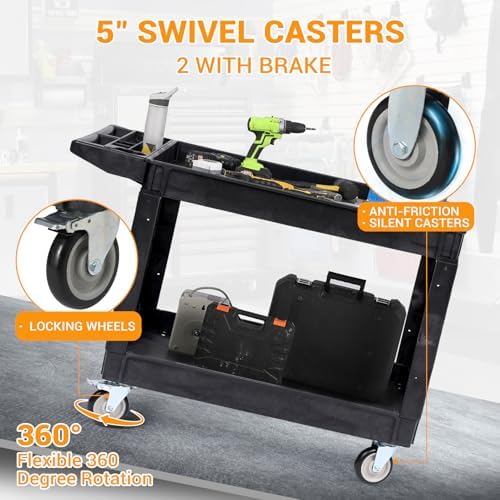 2-Shelf Heavy Duty PP Service Cart Rolling Utility Cart,360° Swivel Wheels, alternate view 6