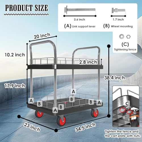 2 Shelf Utility Service Cart- 660lbs Capacity Heavy-Duty Plastic Rolling Utility Carts with 4 of 360° Swivel, alternate view
