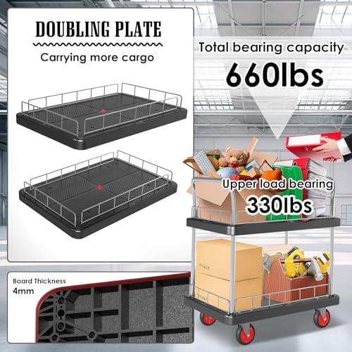 2 Shelf Utility Service Cart- 660lbs Capacity Heavy-Duty Plastic Rolling Utility Carts with 4 of 360° Swivel, alternate view