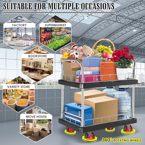 2 Shelf Utility Service Cart- 660lbs Capacity Heavy-Duty Plastic Rolling Utility Carts with 4 of 360° Swivel, alternate view
