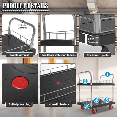 2 Shelf Utility Service Cart- 660lbs Capacity Heavy-Duty Plastic Rolling Utility Carts with 4 of 360° Swivel, alternate view
