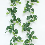 2 Strands Artificial Scindaps Vines Garland 73" Fake Vine with Silk Green Leaves Faux Evergreen Hanging Plants