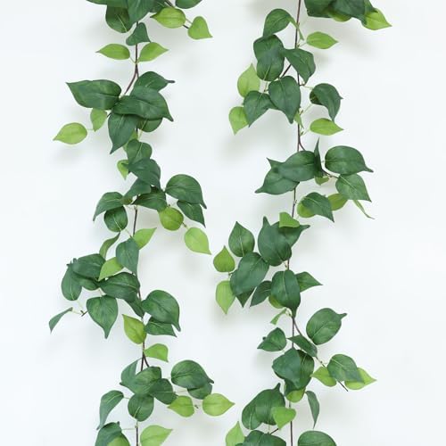 2 Strands Artificial Scindaps Vines Garland 73" Fake Vine with Silk Green Leaves Faux Evergreen Hanging Plants