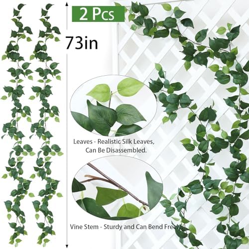 2 Strands Artificial Scindaps Vines Garland 73" Fake Vine with Silk Green Leaves Faux Evergreen Hanging Plants, alternate