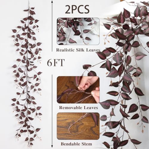 2 Strands Artificial Vines Garland 72" Fake Vine with Silk Burgundy Leaves Faux Hanging Plants Greenery, alternate view 2