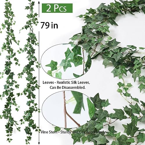 2 Strands Artificial Vines Ivy Garland 79" Fake Vine with Silk Green Leaves Faux Hanging Plants Greenery, alternate view 3