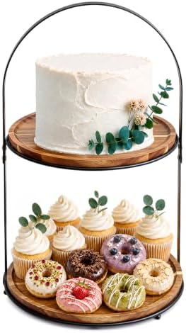 2-Tier Acacia Wood Cupcake Stand, Cake & Dessert Table Display, Arched Iron Frame Tiered Display Stand for
