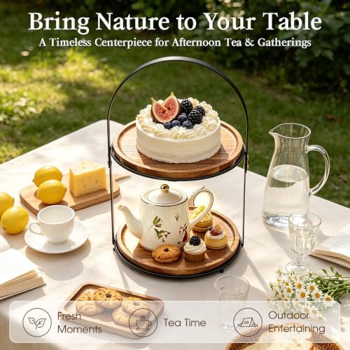 2-Tier Acacia Wood Cupcake Stand, Cake & Dessert Table Display, Arched Iron Frame Tiered Display Stand for, alternate view 2
