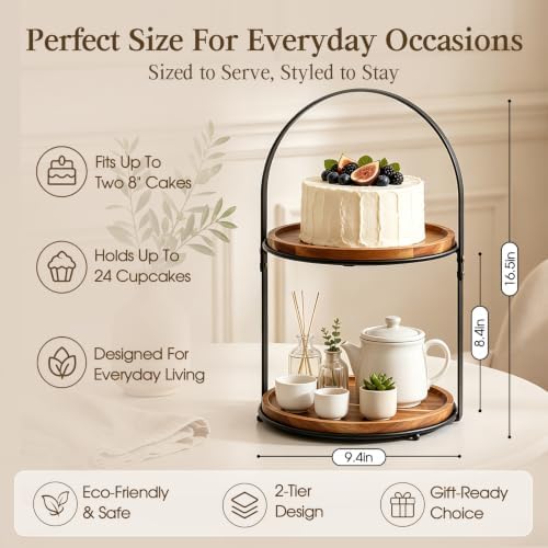 2-Tier Acacia Wood Cupcake Stand, Cake & Dessert Table Display, Arched Iron Frame Tiered Display Stand for, alternate view 3
