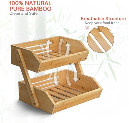 2-Tier Bamboo Fruit Basket for Kitchen Counter, Self-assembly in Bamboo, alternate view 2
