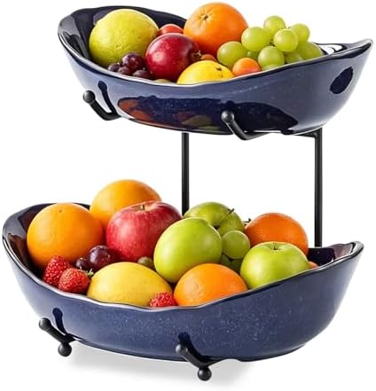 2 Tier Ceramic Fruit Bowl for Kitchen Counter in 2 tier-Black&Dark blue