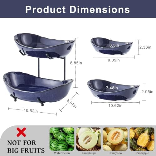 2 Tier Ceramic Fruit Bowl for Kitchen Counter in 2 tier-Black&Dark blue, alternate view 2