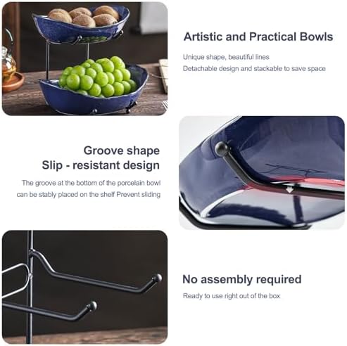 2 Tier Ceramic Fruit Bowl for Kitchen Counter in 2 tier-Black&Dark blue, alternate view 3