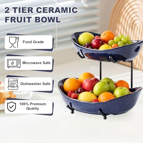 2 Tier Ceramic Fruit Bowl for Kitchen Counter in 2 tier-Black&Dark blue, alternate view 4
