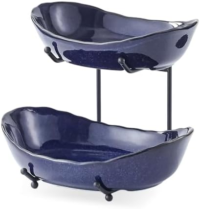 2 Tier Ceramic Fruit Bowl for Kitchen Counter in 2 tier-Black&Dark blue, alternate view 6