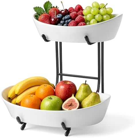 2 Tier Ceramic Fruit Bowl for Kitchen Counter with Black Metal Stand in 2 Tier in Black