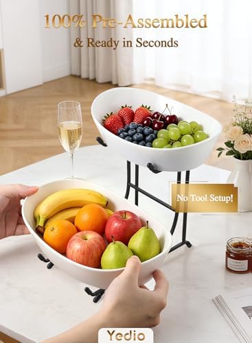 2 Tier Ceramic Fruit Bowl for Kitchen Counter with Black Metal Stand in 2 Tier in Black, alternate view 6
