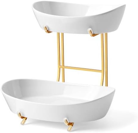 2 Tier Ceramic Fruit Bowl for Kitchen Counter with Gold Metal Stand in 2 Tier in Gold