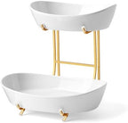2 Tier Ceramic Fruit Bowl for Kitchen Counter with Gold Metal Stand in 2 Tier in Gold