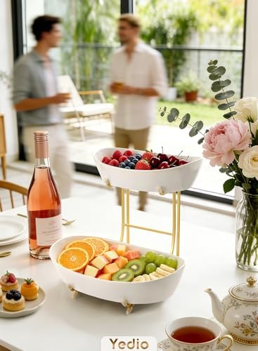 2 Tier Ceramic Fruit Bowl for Kitchen Counter with Gold Metal Stand in 2 Tier in Gold, alternate view 2