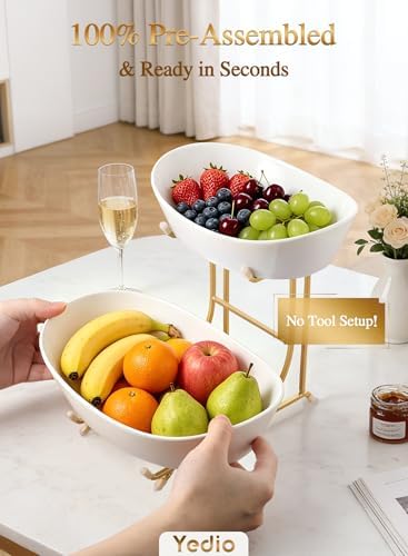 2 Tier Ceramic Fruit Bowl for Kitchen Counter with Gold Metal Stand in 2 Tier in Gold, alternate view 5