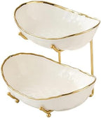 2 Tier Ceramic Fruit Bowl for Kitchen Counter with Metal Rack, Fruit Basket with Stand, Porcelain Bowls for