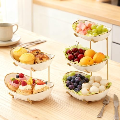 2 Tier Ceramic Fruit Bowl for Kitchen Counter with Metal Rack, Fruit Basket with Stand, Porcelain Bowls for, alternate view 2