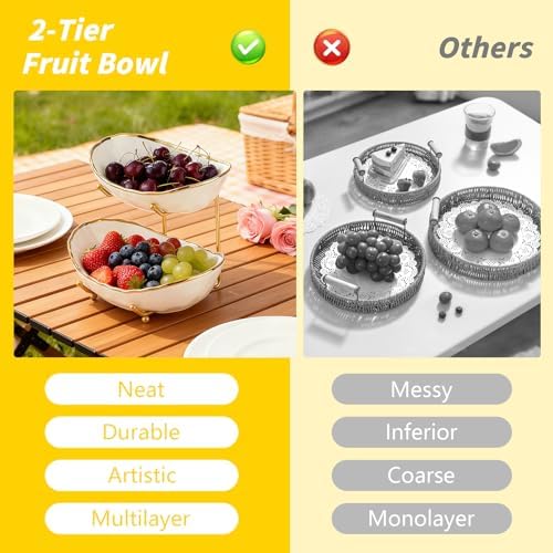 2 Tier Ceramic Fruit Bowl for Kitchen Counter with Metal Rack, Fruit Basket with Stand, Porcelain Bowls for, alternate view 5