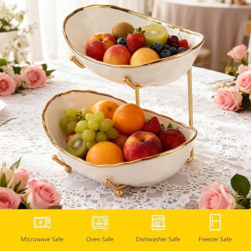 2 Tier Ceramic Fruit Bowl for Kitchen Counter with Metal Rack, Fruit Basket with Stand, Porcelain Bowls for, alternate view 6