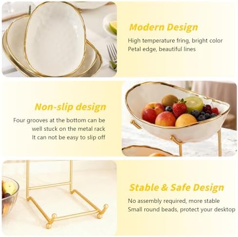 2 Tier Ceramic Fruit Bowl for Kitchen Counter with Metal Rack, Fruit Basket with Stand, Porcelain Bowls for, alternate view 7