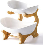 2 Tier Ceramic Fruit Bowl With Bamboo Wood Stand for Kitchen Counter, Porcelain Fruit Basket for Vegetable