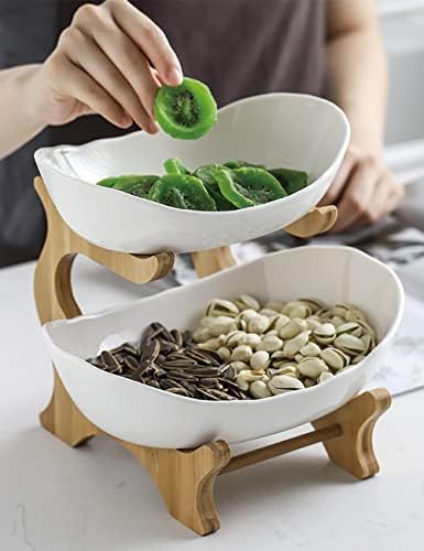 2 Tier Ceramic Fruit Bowl With Bamboo Wood Stand for Kitchen Counter, Porcelain Fruit Basket for Vegetable, alternate view 2