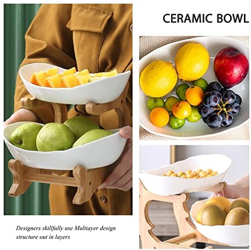 2 Tier Ceramic Fruit Bowl With Bamboo Wood Stand for Kitchen Counter, Porcelain Fruit Basket for Vegetable, alternate view 4