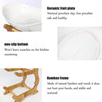 2 Tier Ceramic Fruit Bowl With Bamboo Wood Stand for Kitchen Counter, Porcelain Fruit Basket for Vegetable, alternate view 6