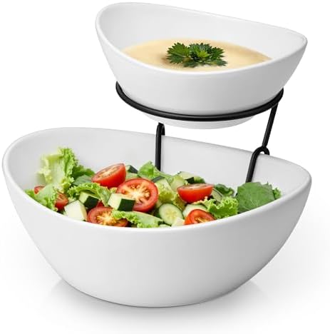 2 Tier Chip and Dip Serving Set with Metal Stand, Ceramic Appetizer Bowls for Party, Multi-Use Food Display for