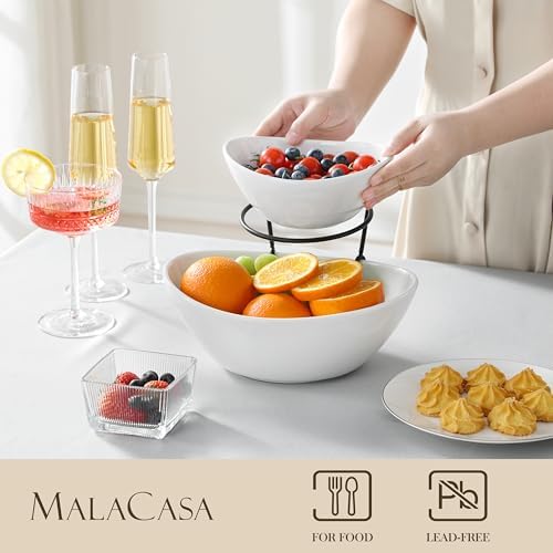 2 Tier Chip and Dip Serving Set with Metal Stand, Ceramic Appetizer Bowls for Party, Multi-Use Food Display for, alternate
