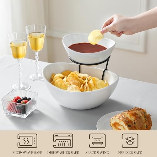 2 Tier Chip and Dip Serving Set with Metal Stand, Ceramic Appetizer Bowls for Party, Multi-Use Food Display for, alternate