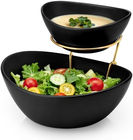 2 Tier Chip and Dip Serving Set with Metal Stand, Ceramic Appetizer Bowls for Party, Multi-Use Food Display for