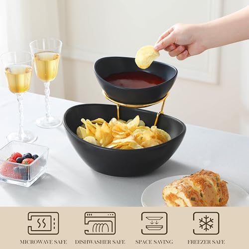 2 Tier Chip and Dip Serving Set with Metal Stand, Ceramic Appetizer Bowls for Party, Multi-Use Food Display for, alternate