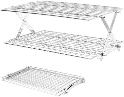 2-Tier Collapsible Cooling Rack, Adjustable Stainless Steel Cooling Rack with X-Shaped Structure, Fine Mesh