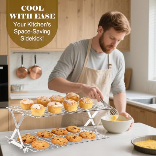 2-Tier Collapsible Cooling Rack, Adjustable Stainless Steel Cooling Rack with X-Shaped Structure, Fine Mesh, alternate view 2