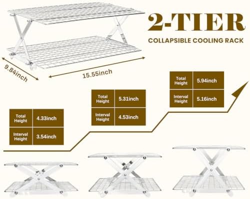2-Tier Collapsible Cooling Rack, Adjustable Stainless Steel Cooling Rack with X-Shaped Structure, Fine Mesh, alternate view 3