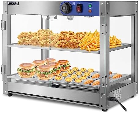 2-Tier Food Warmer Pizza Warmer, Commercial Food Warmer Display with LED Lighting Removable Shelves Glass Door