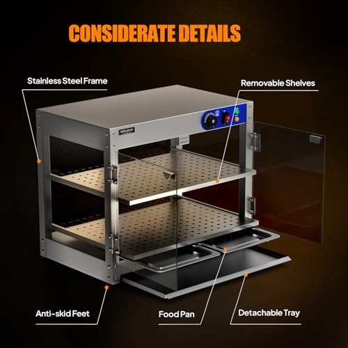 2-Tier Food Warmer Pizza Warmer, Commercial Food Warmer Display with LED Lighting Removable Shelves Glass Door, alternate