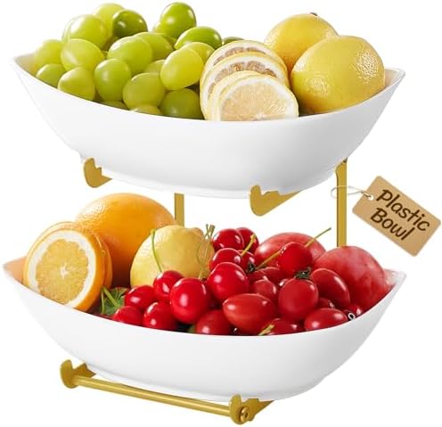 2 Tier Fruit Bowl for Kitchen Counter, Tiered Plastic Serving Tray in Standard(2 Tier) in Gold