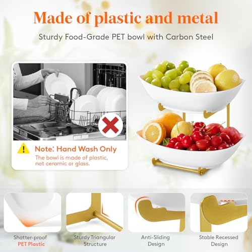 2 Tier Fruit Bowl for Kitchen Counter, Tiered Plastic Serving Tray in Standard(2 Tier) in Gold, alternate view 4