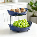 2-Tier Fruit Bowls for Kitchen Counter, Dark Blue Ceramic Bowl with Black Metal Stand,2 Tier Fruit Basket for