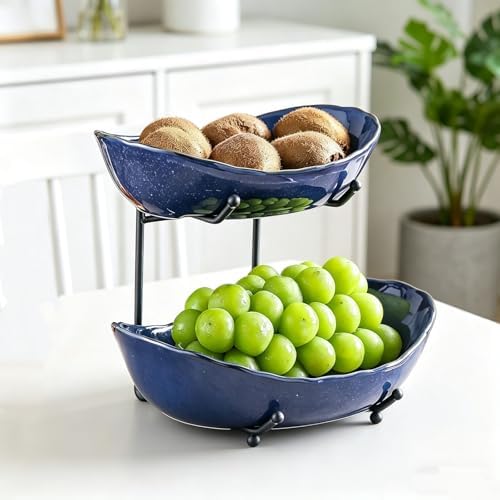2-Tier Fruit Bowls for Kitchen Counter, Dark Blue Ceramic Bowl with Black Metal Stand,2 Tier Fruit Basket for