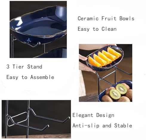 2-Tier Fruit Bowls for Kitchen Counter, Dark Blue Ceramic Bowl with Black Metal Stand,2 Tier Fruit Basket for, alternate view